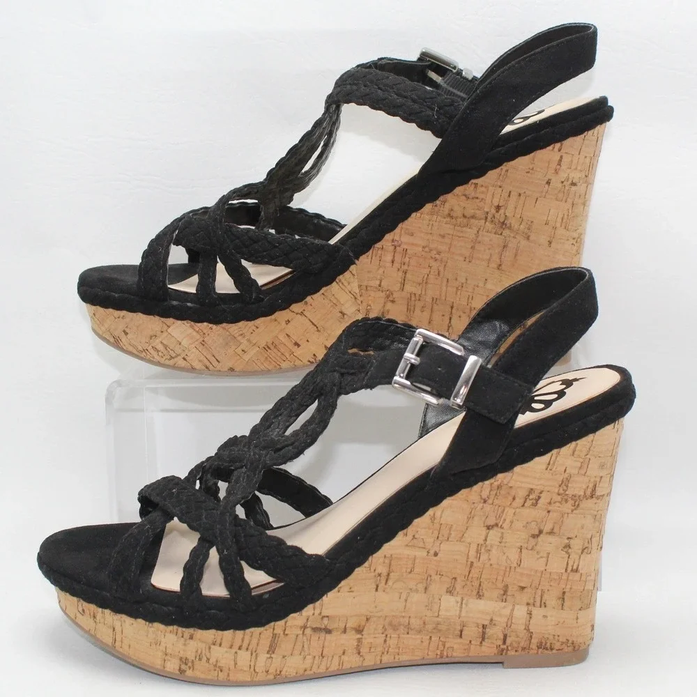 Fergalicious‎ Voyager Black Braided Cork Wedge Sandals Womens 9M Platform Strap